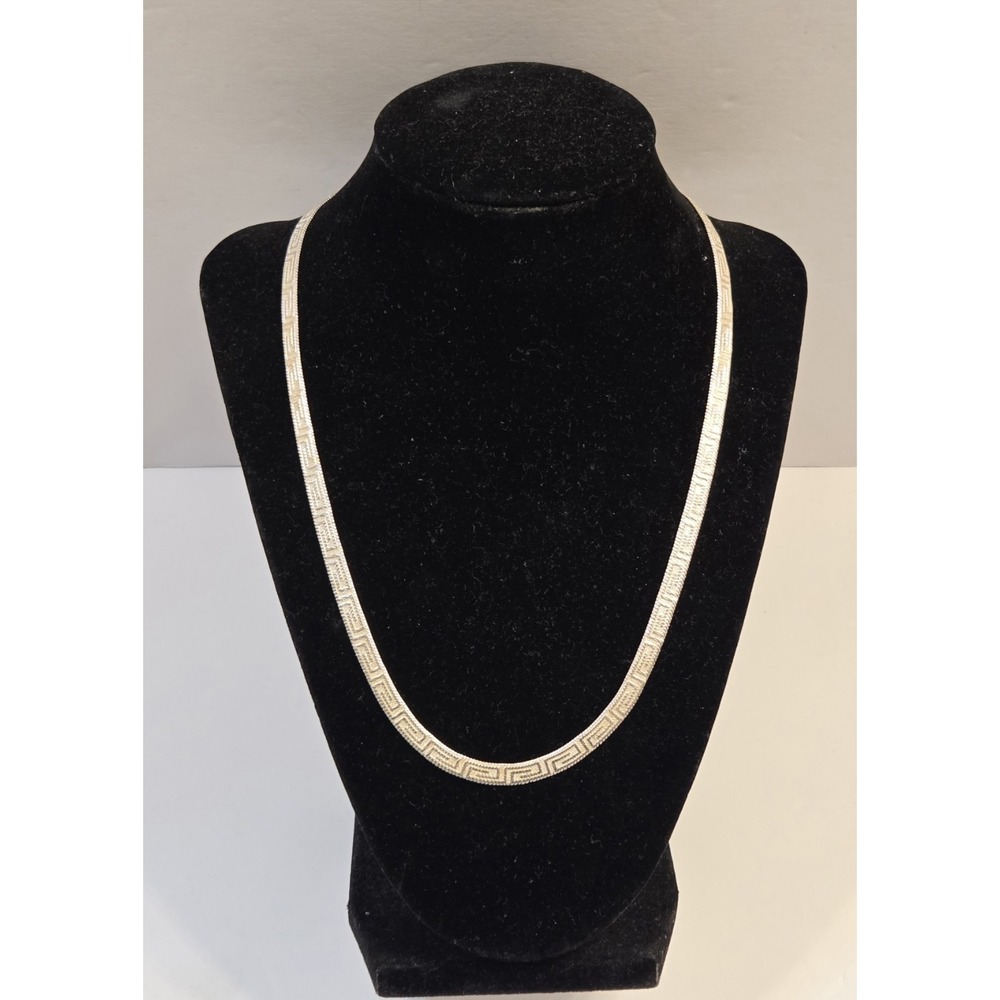 Vintage 14k White Gold Over Sterling Silver Greek Key Herringbone Necklace 20"